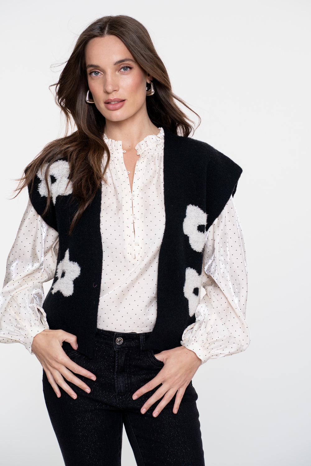 Geisha dames gebreid boxy vest met bloemmotief