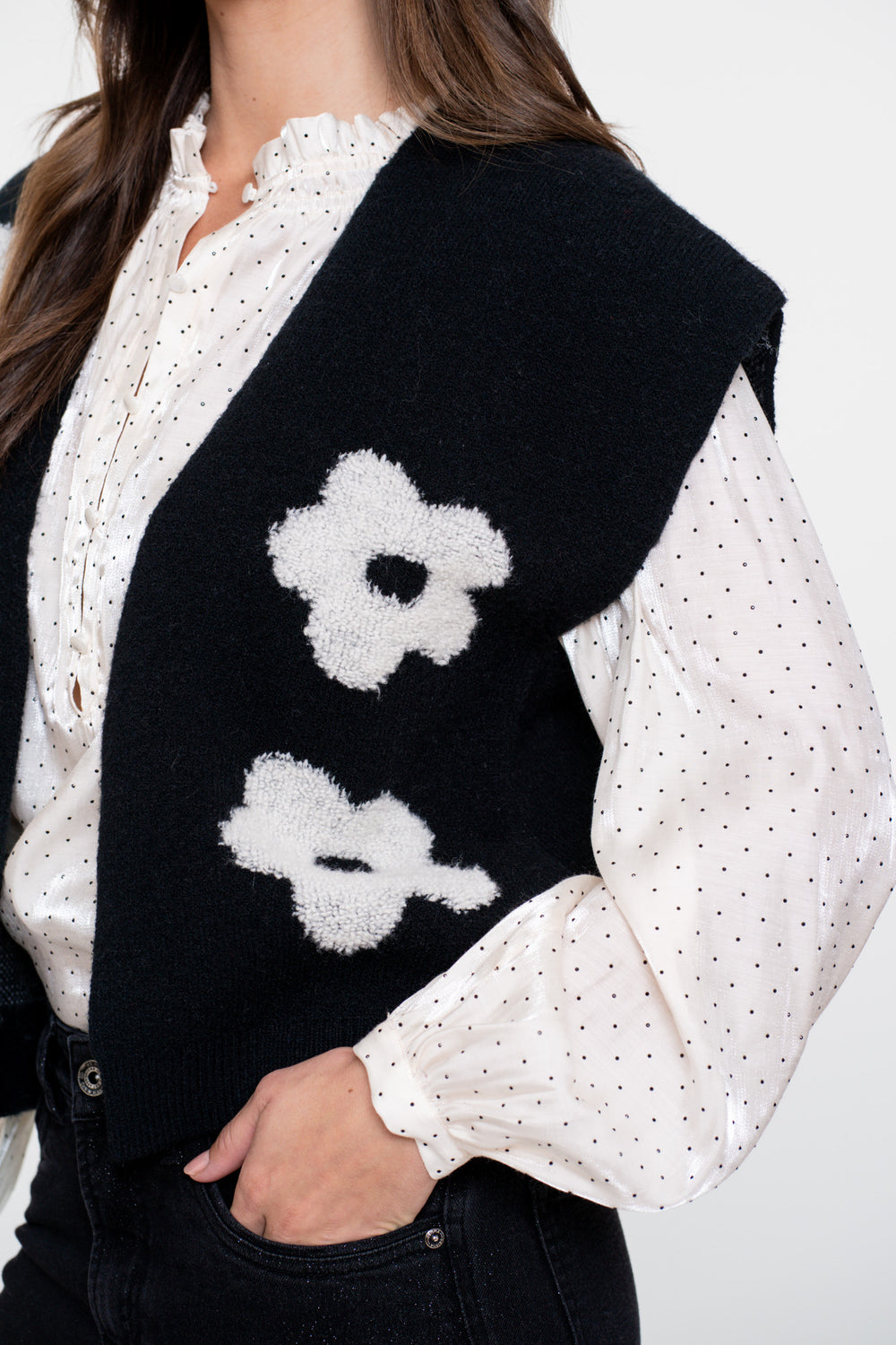 Geisha dames gebreid boxy vest met bloemmotief