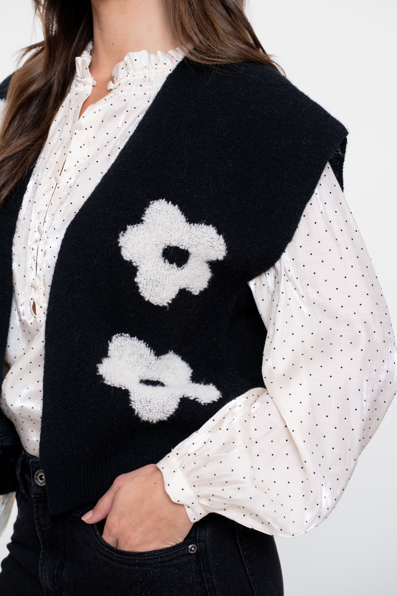 Geisha dames gebreid boxy vest met bloemmotief