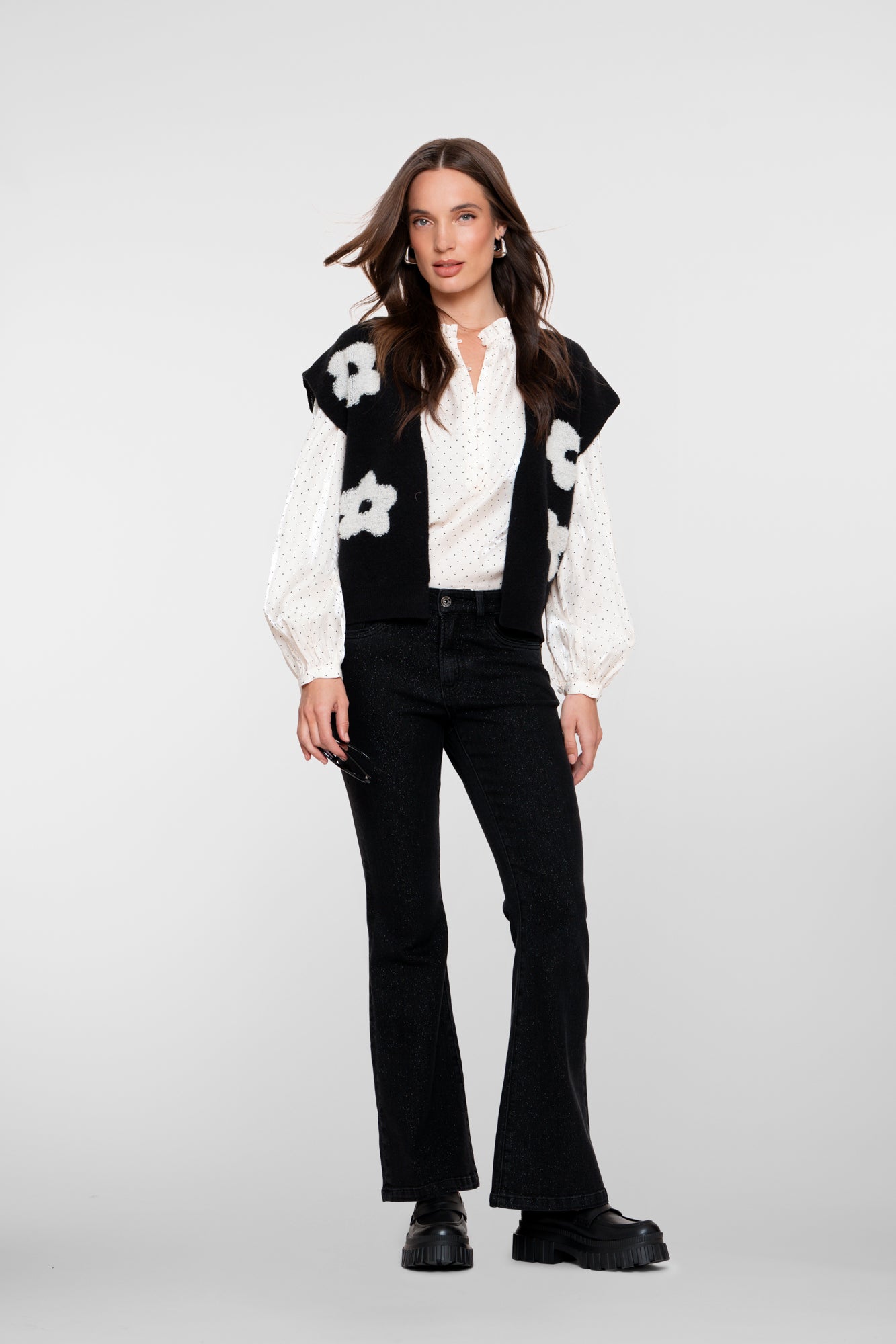 Geisha dames gebreid boxy vest met bloemmotief