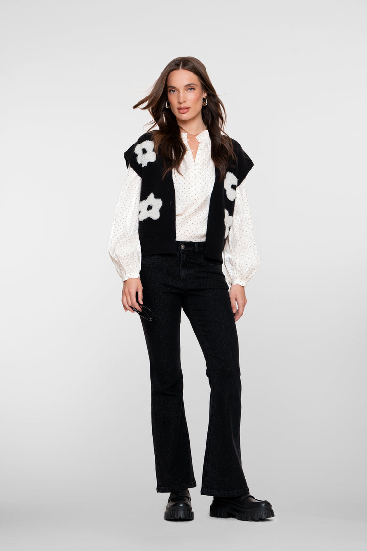 Geisha dames gebreid boxy vest met bloemmotief