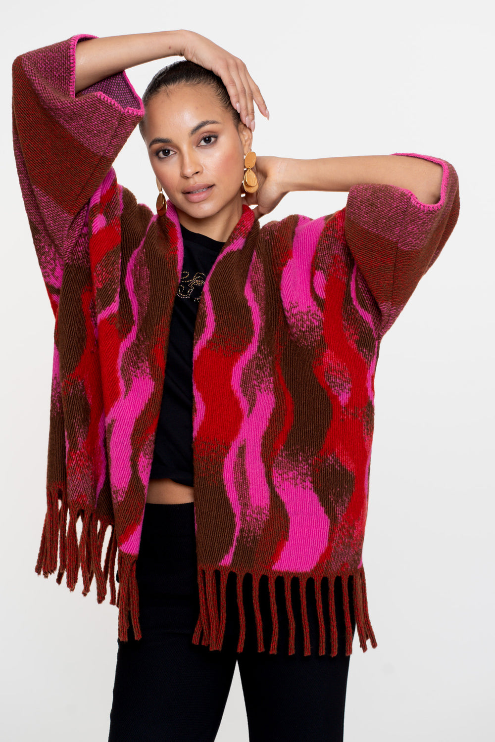 Geisha dames poncho met swirlprint en franjes