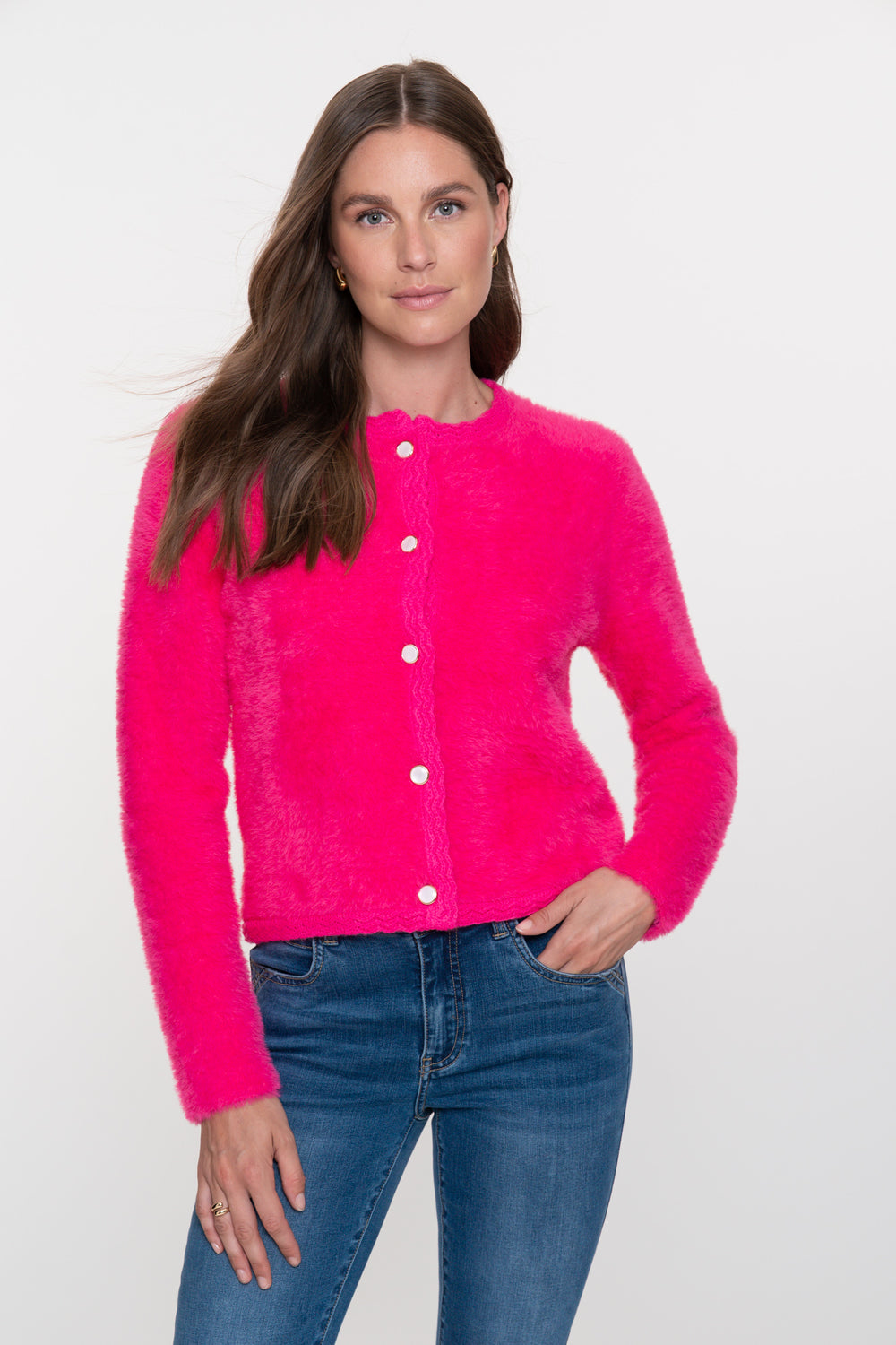 Geisha dames fluffy vest met gehaakte details