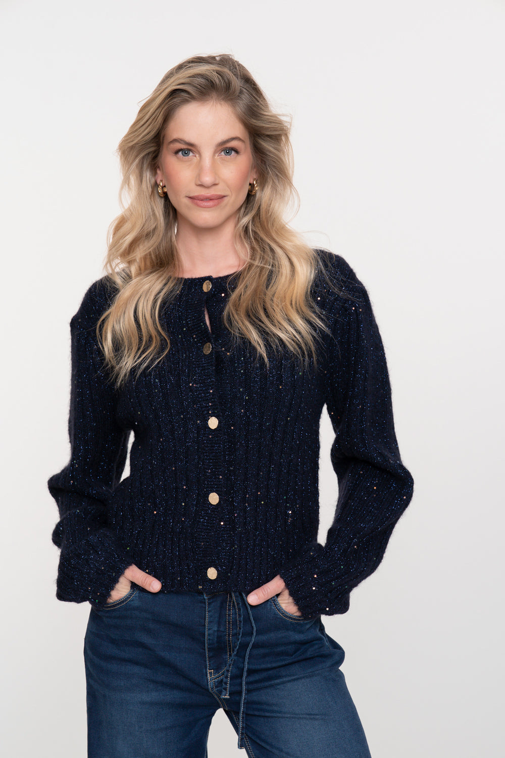 Geisha dames gebreid navy vest met gouden knoopsluiting en glitterdetail