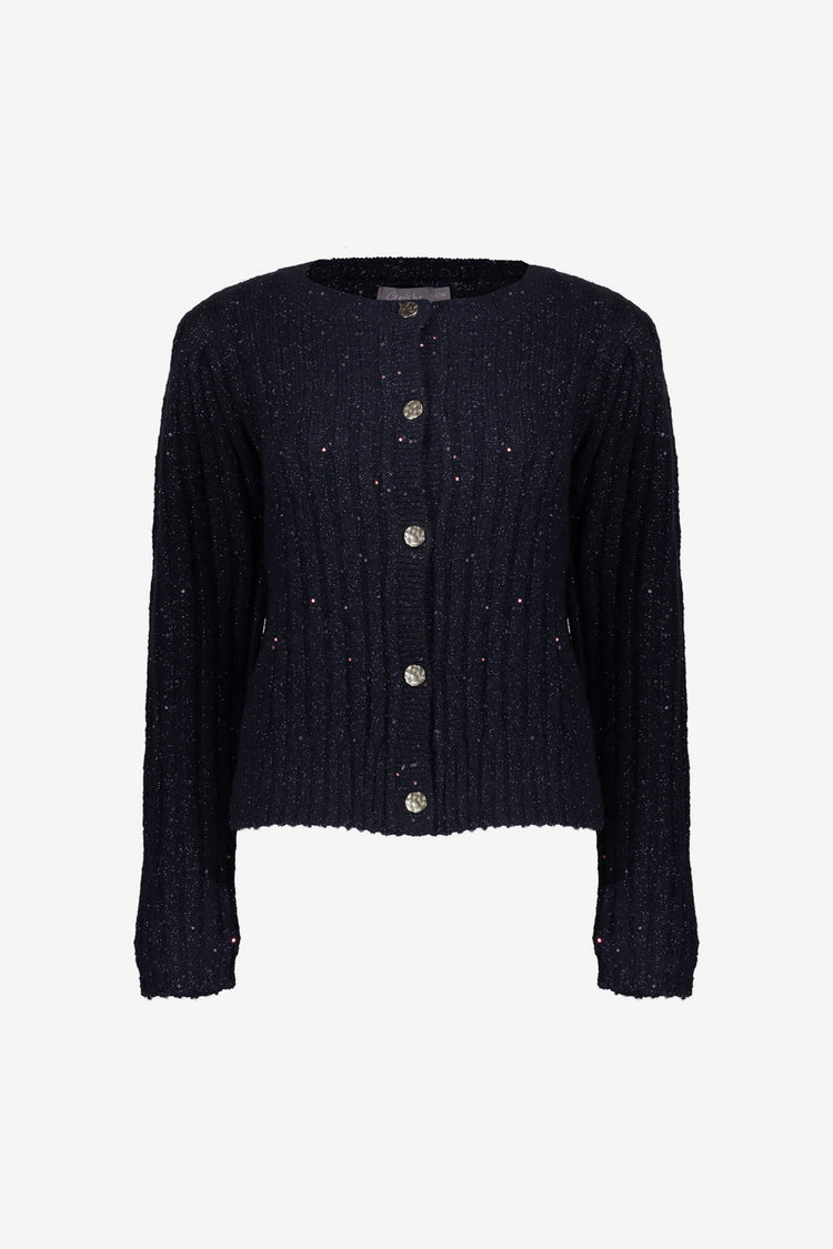 Geisha dames gebreid navy vest met gouden knoopsluiting en glitterdetail
