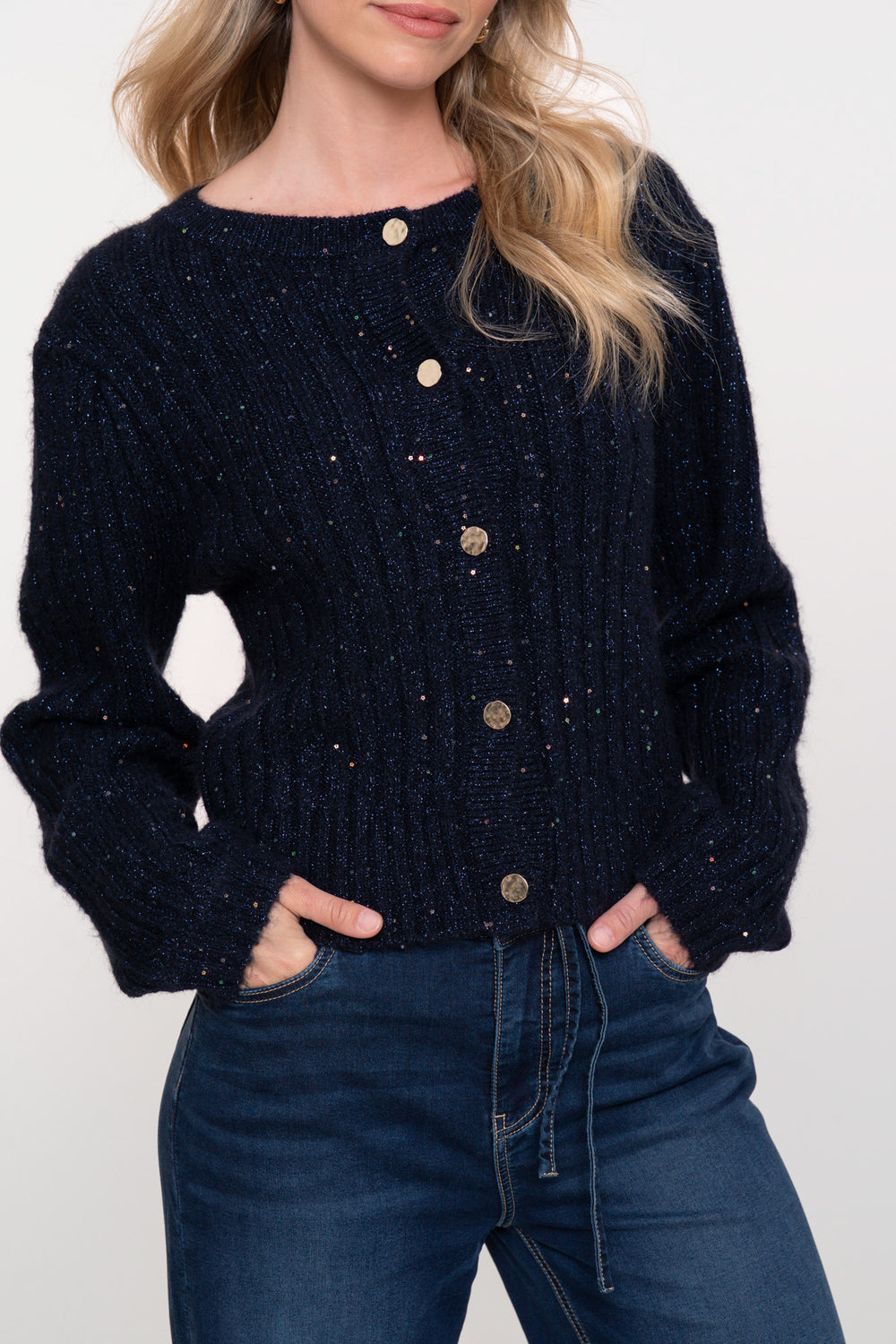 Geisha dames gebreid navy vest met gouden knoopsluiting en glitterdetail