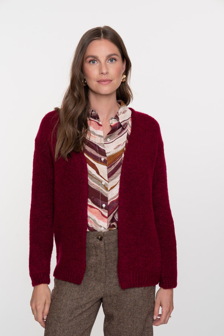 Geisha dames openvallend vest in warme bordeauxrode tint