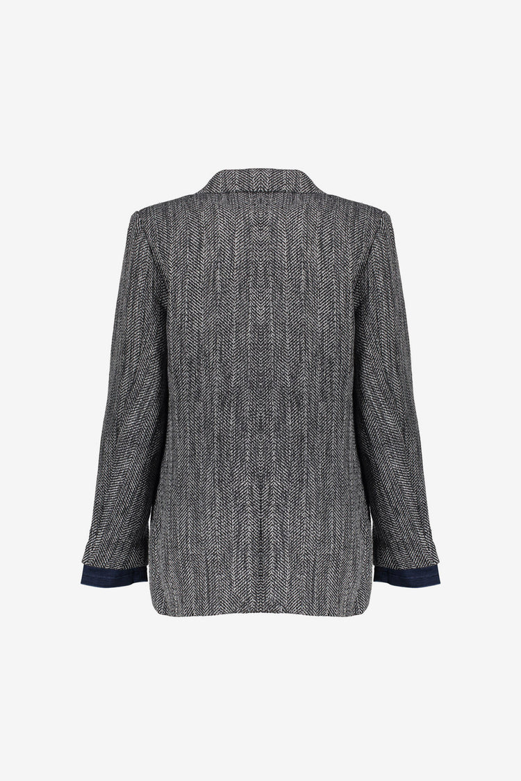 Geisha dames lange blazer met visgraatprint en denim accenten