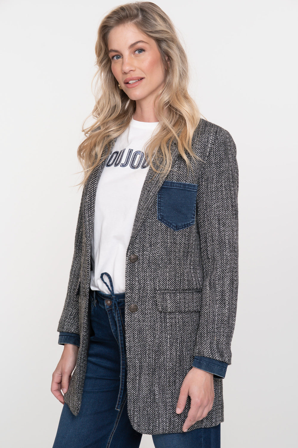 Geisha dames lange blazer met visgraatprint en denim accenten