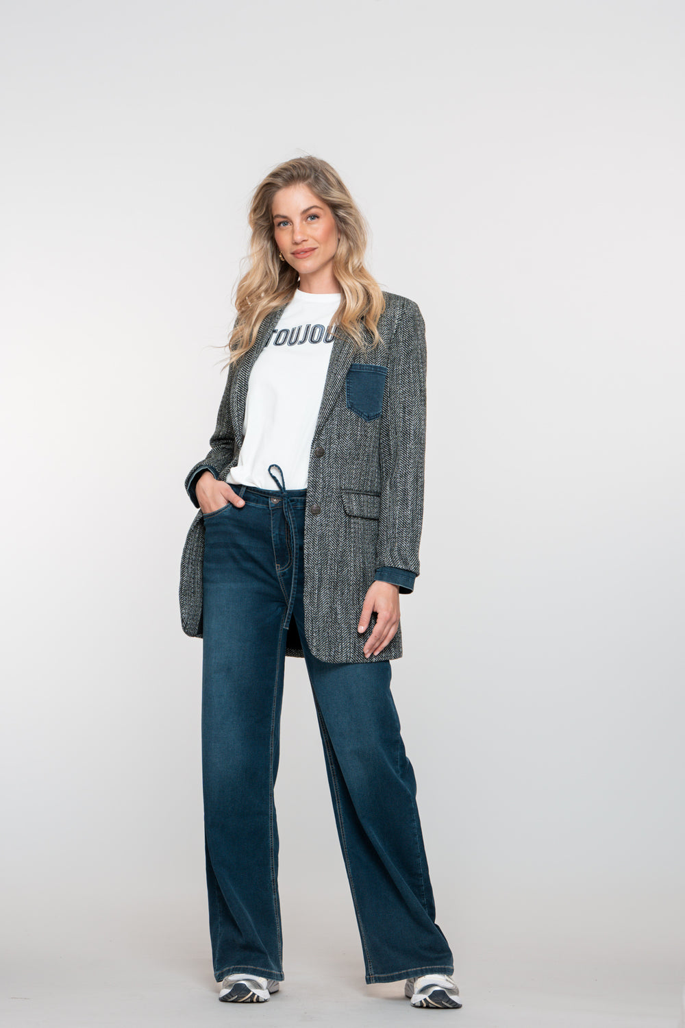 Geisha dames lange blazer met visgraatprint en denim accenten