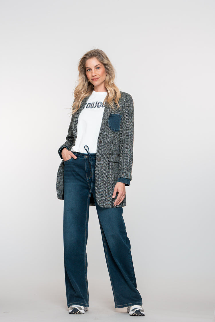 Geisha dames lange blazer met visgraatprint en denim accenten