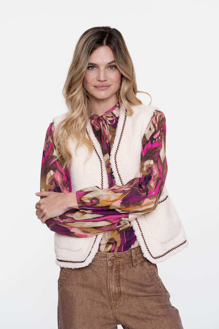 Geisha dames teddy gilet met geweven bies