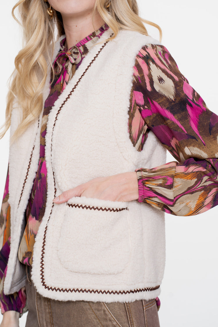 Geisha dames teddy gilet met geweven bies