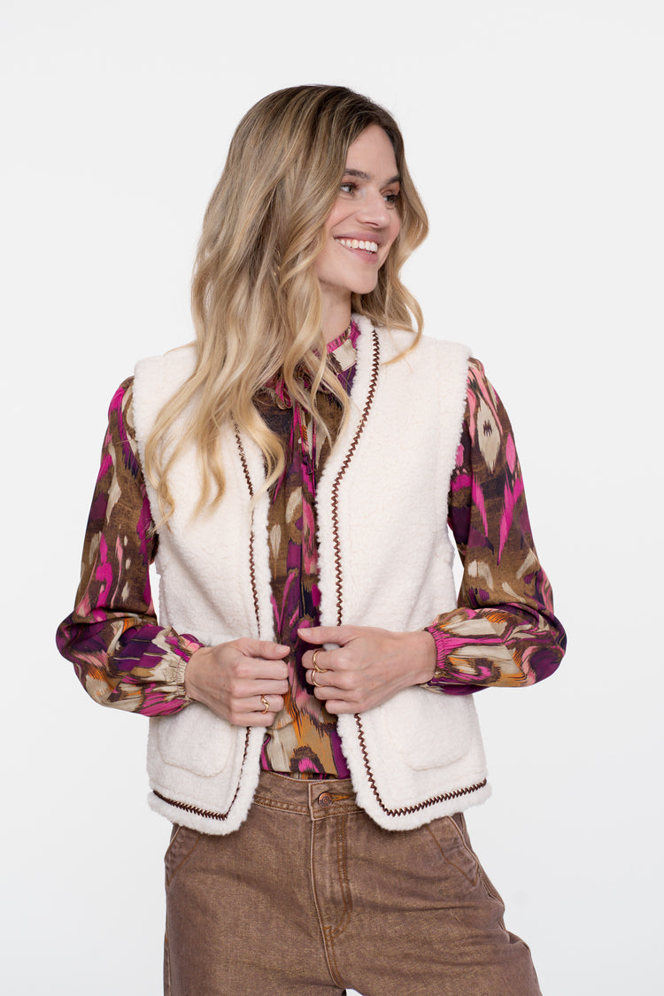 Geisha dames teddy gilet met geweven bies