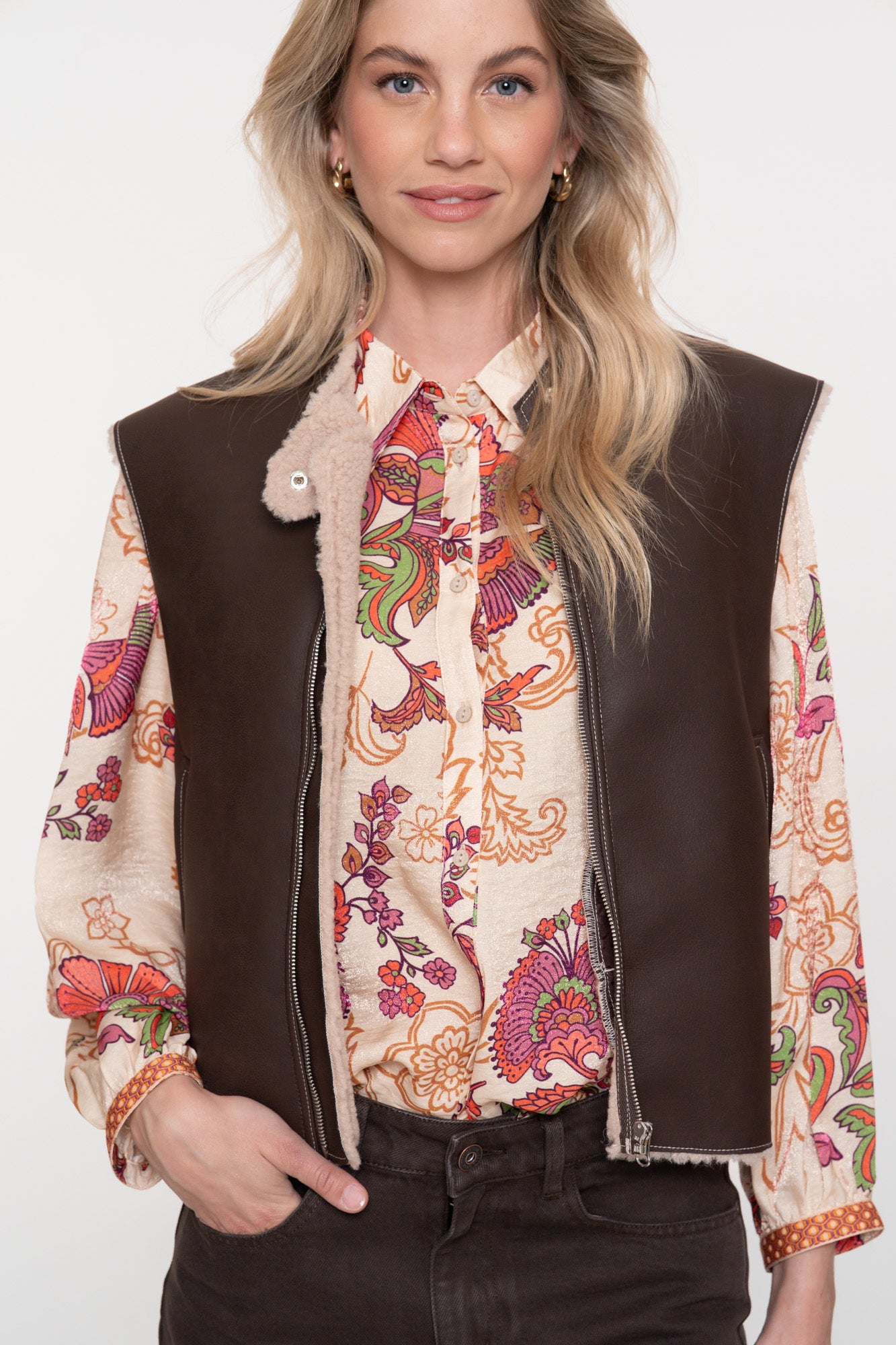 Geisha dames leren look gilet met teddyvoering