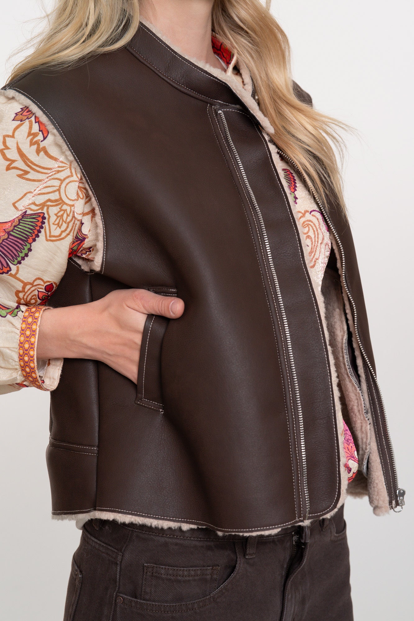 Geisha dames leren look gilet met teddyvoering