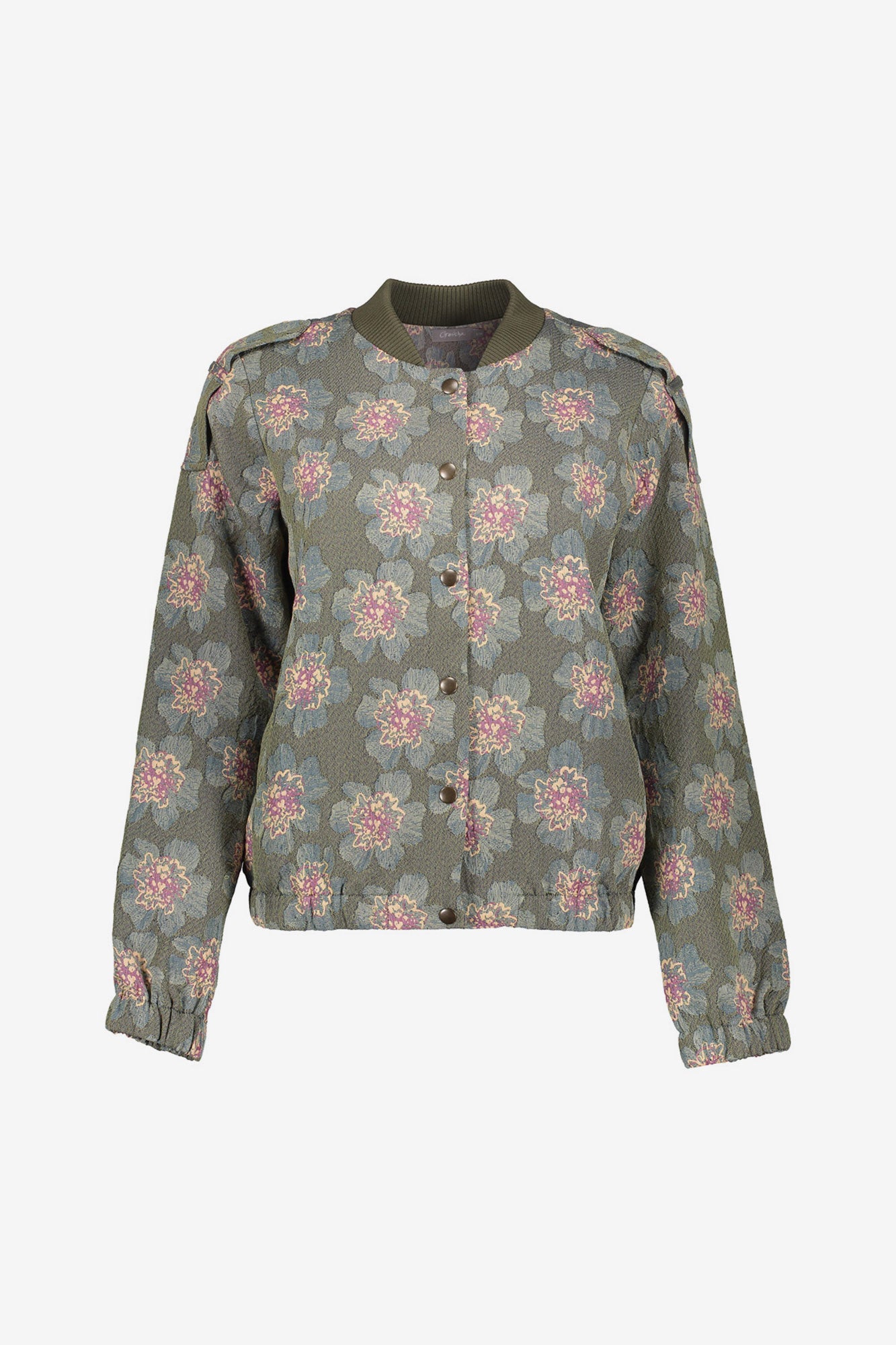 Geisha dames groen bomberjasje met bloemendessin en drukknoopsluiting