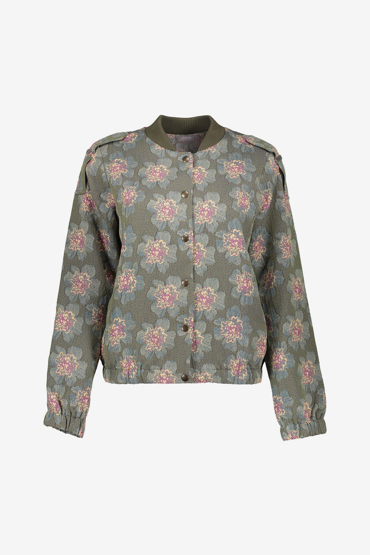 Geisha dames groen bomberjasje met bloemendessin en drukknoopsluiting