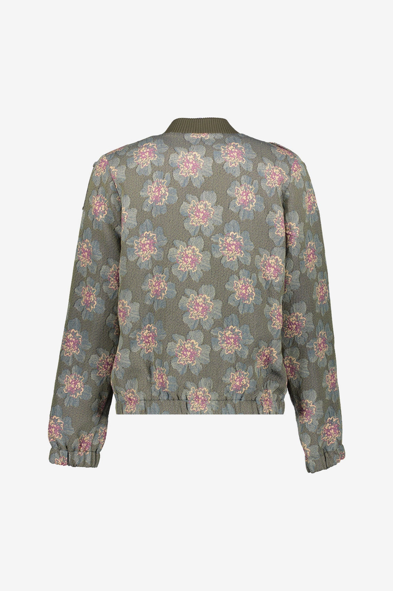 Geisha dames groen bomberjasje met bloemendessin en drukknoopsluiting