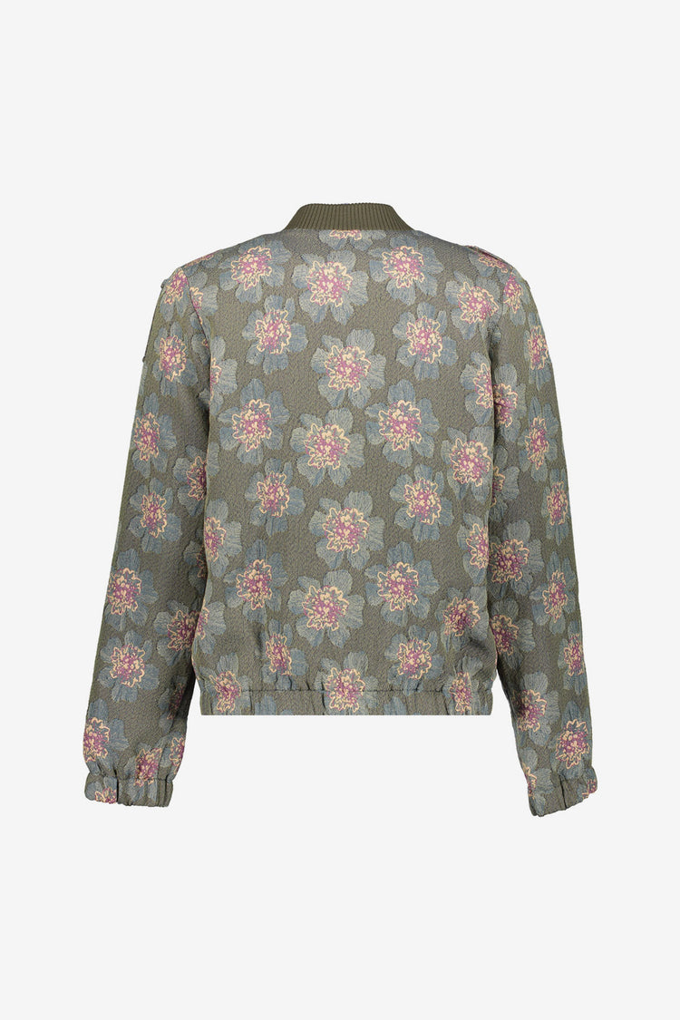 Geisha dames groen bomberjasje met bloemendessin en drukknoopsluiting