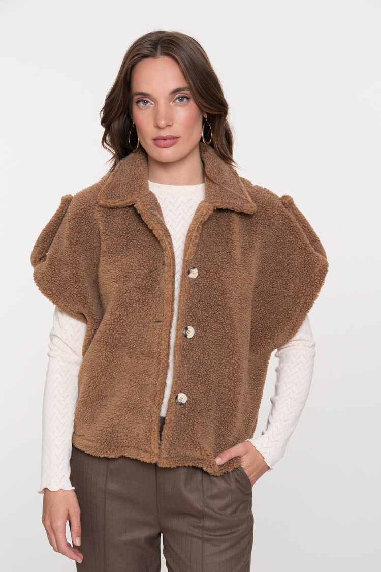 Geisha dames boxy teddy jacket in warme camel tint
