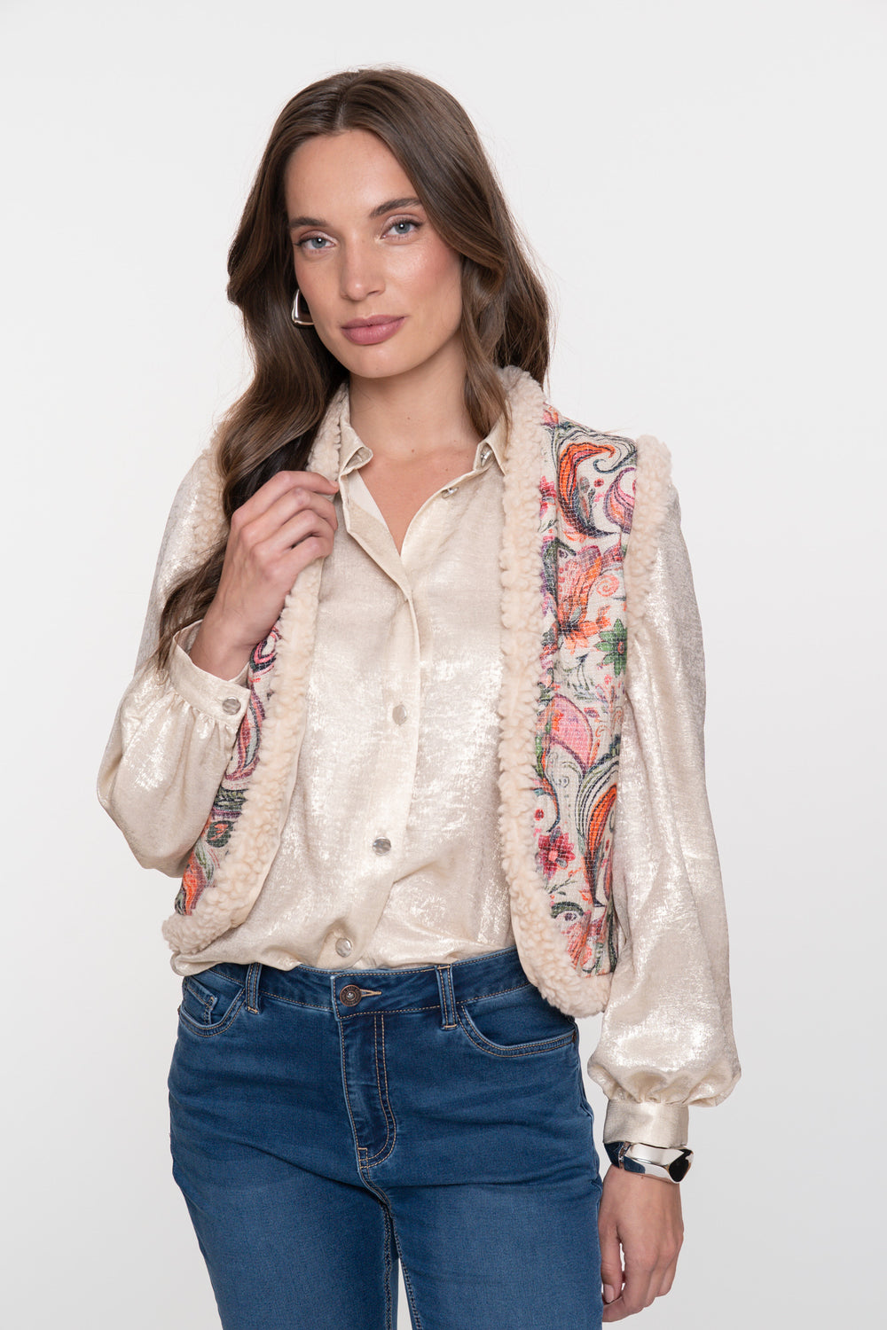 Geisha dames contrast gilet met teddy en geweven print dessin