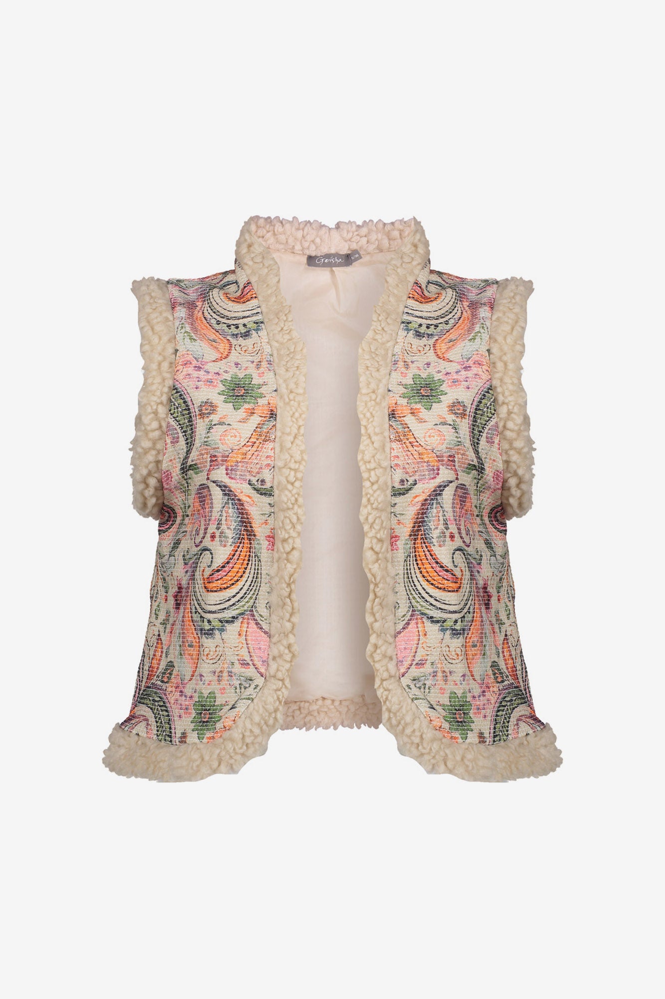 Geisha dames contrast gilet met teddy en geweven print dessin