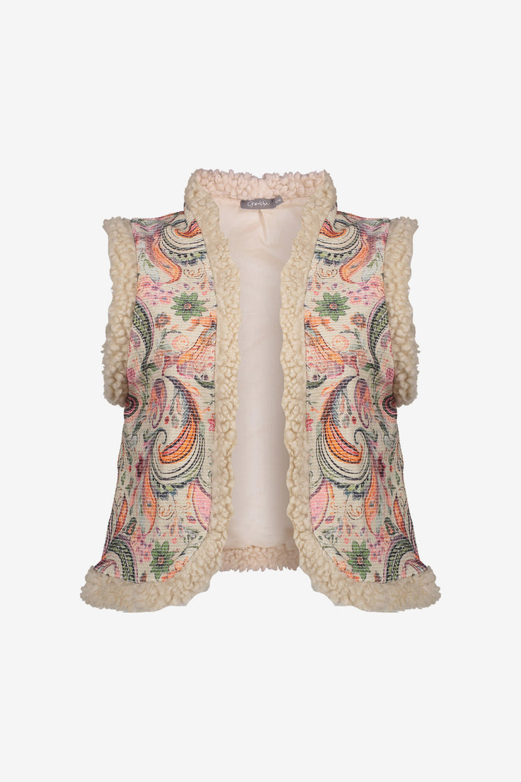 Geisha dames contrast gilet met teddy en geweven print dessin