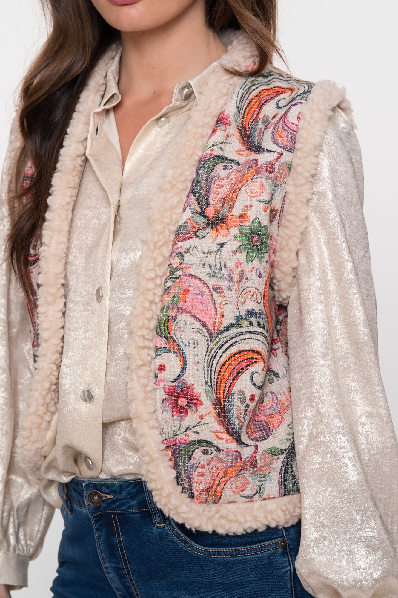 Geisha dames contrast gilet met teddy en geweven print dessin