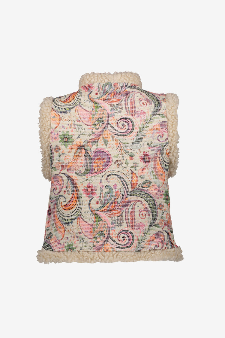 Geisha dames contrast gilet met teddy en geweven print dessin