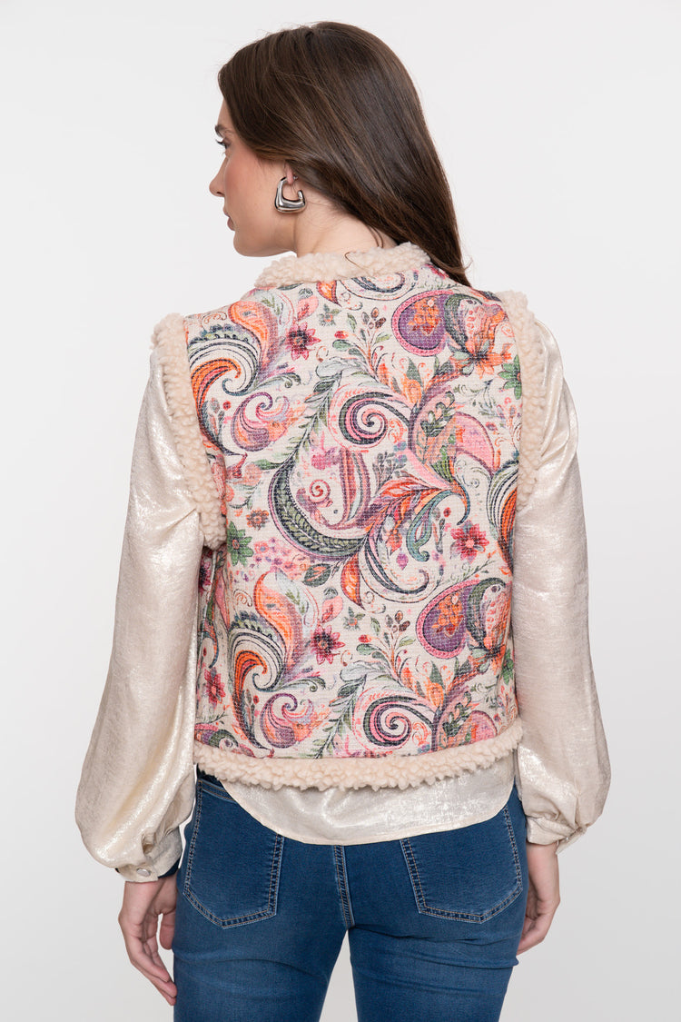 Geisha dames contrast gilet met teddy en geweven print dessin