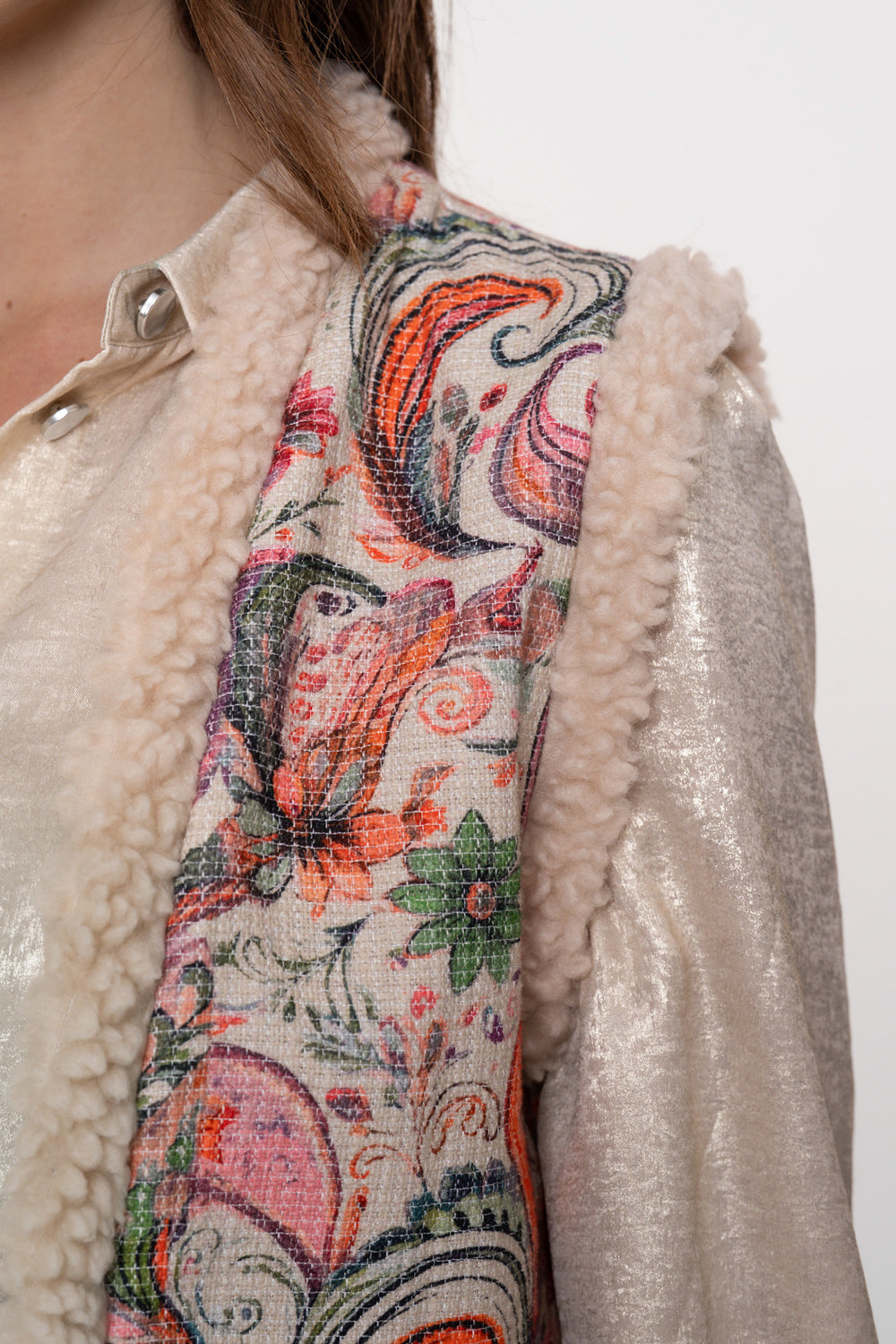 Geisha dames contrast gilet met teddy en geweven print dessin