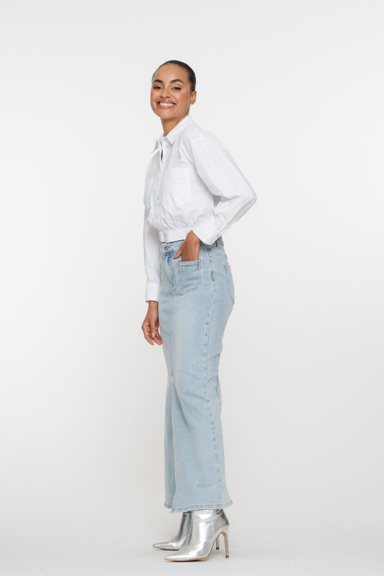 Geisha Fashion dames lange jeansrok met zakken