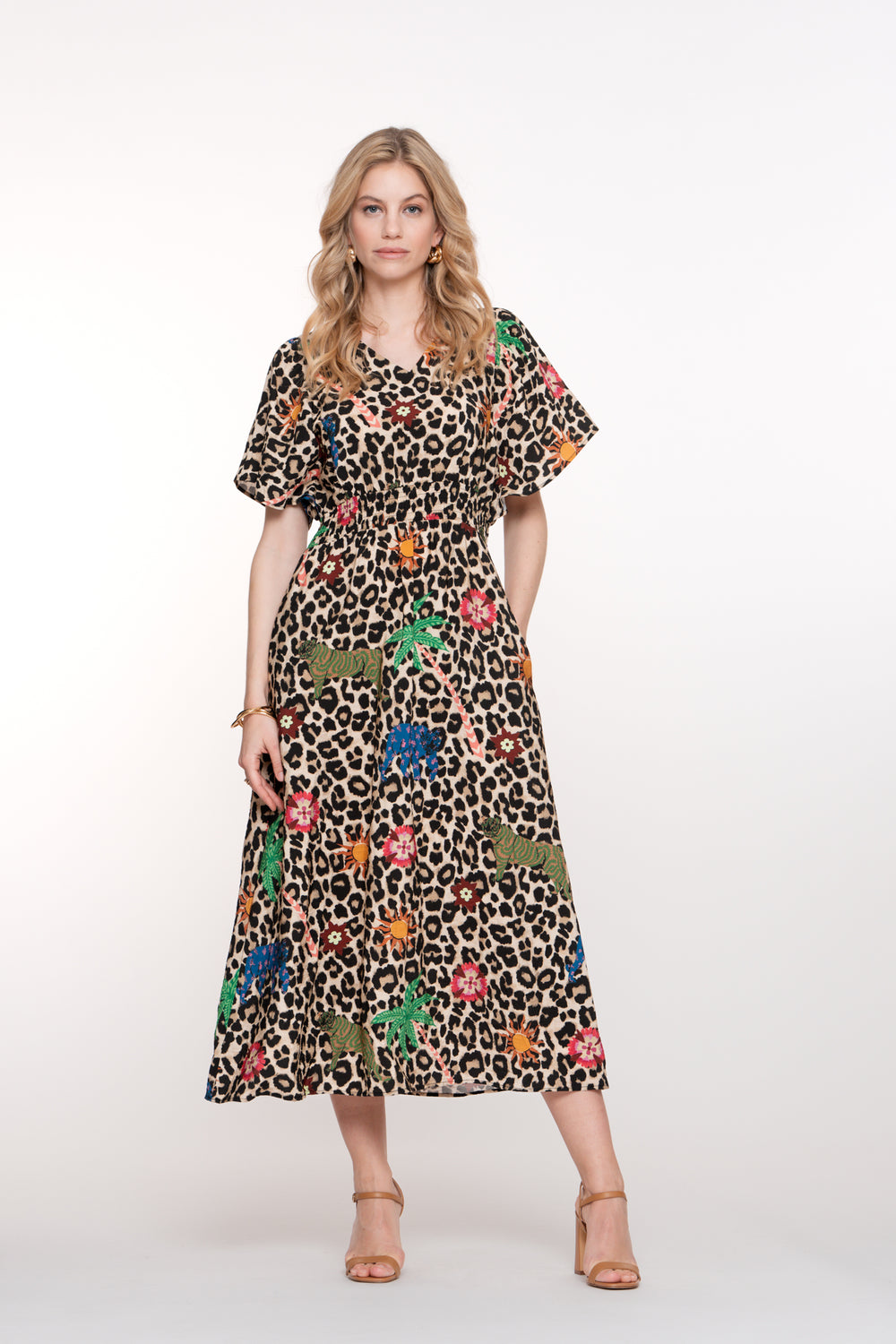 Geisha dames leopard maxi-jurk met kleurrijke details