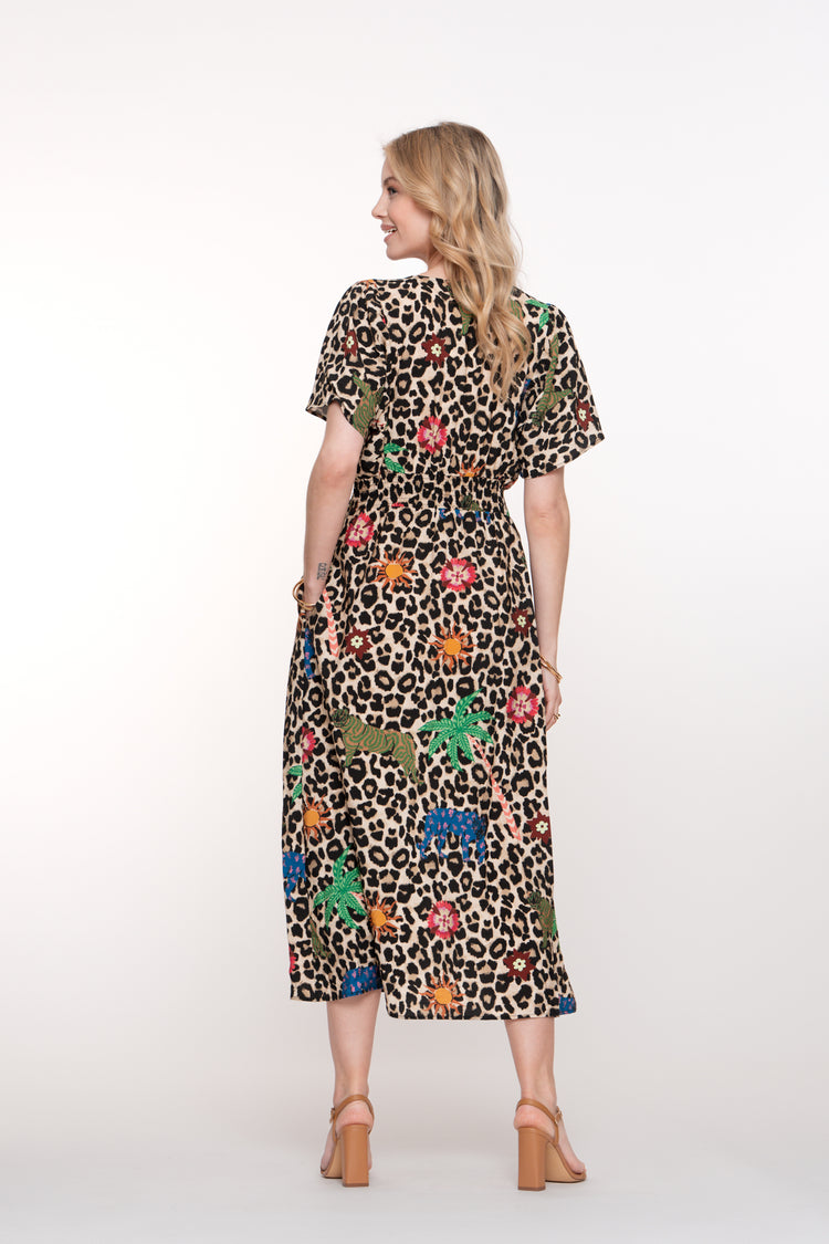 Geisha dames leopard maxi-jurk met kleurrijke details