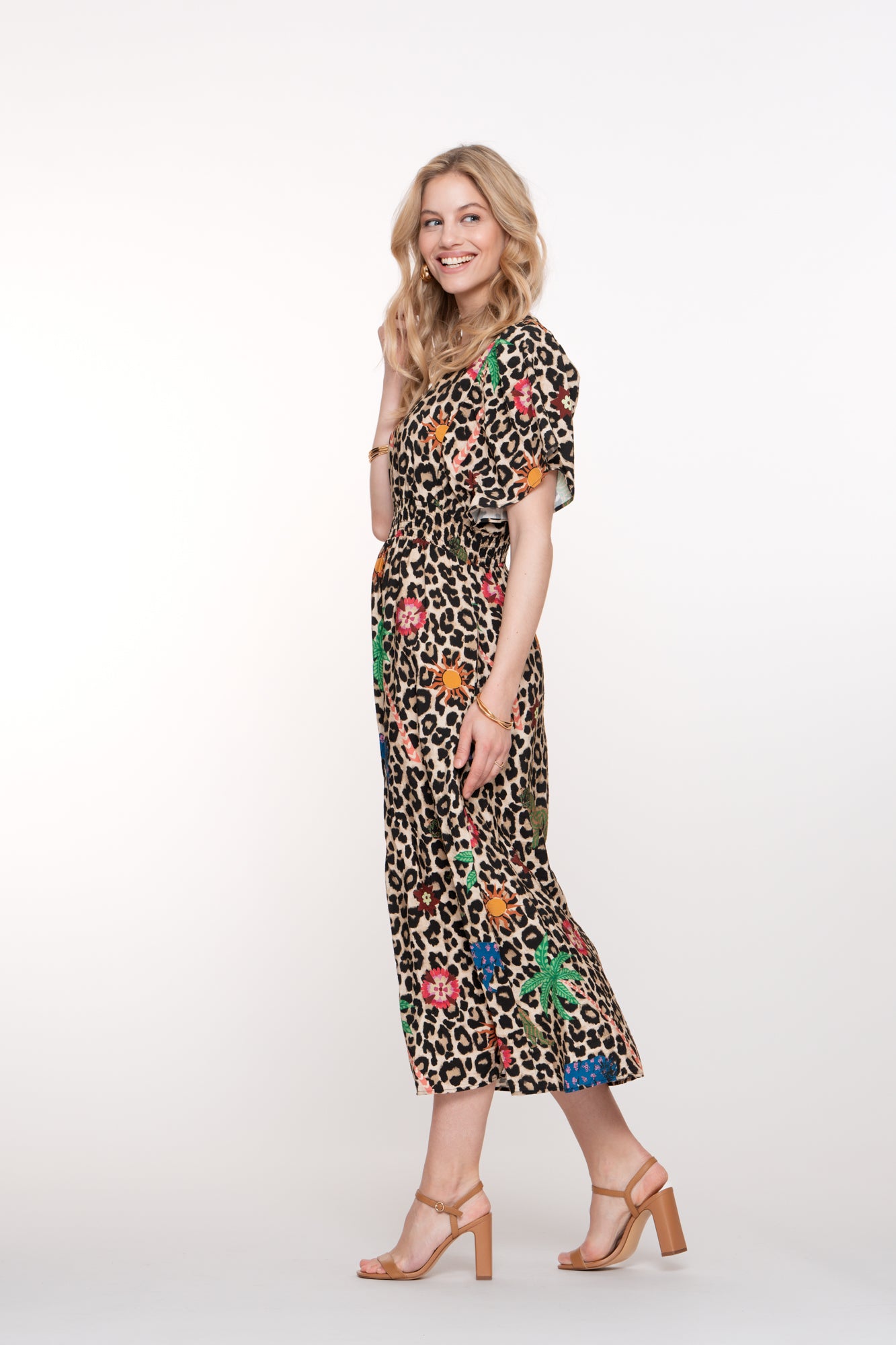 Geisha dames leopard maxi-jurk met kleurrijke details