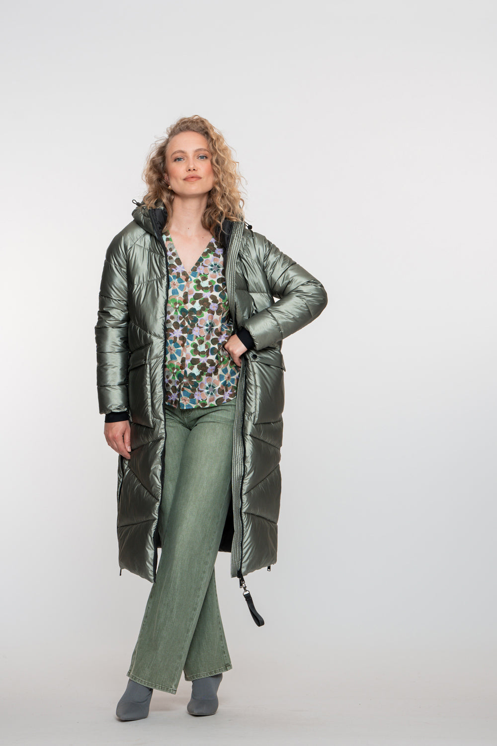Geisha dames lange metallic pufferjas