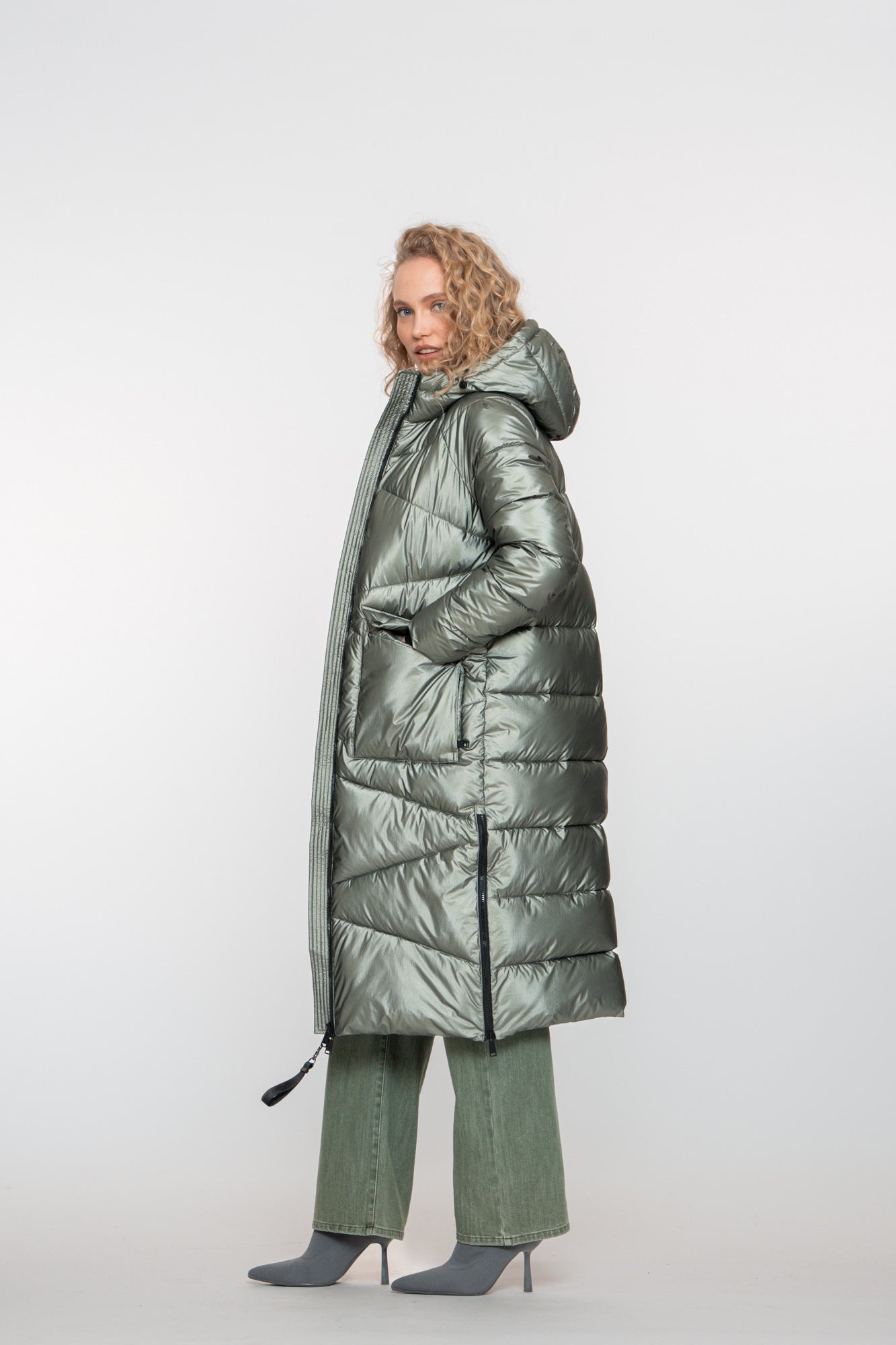 Geisha dames lange metallic pufferjas