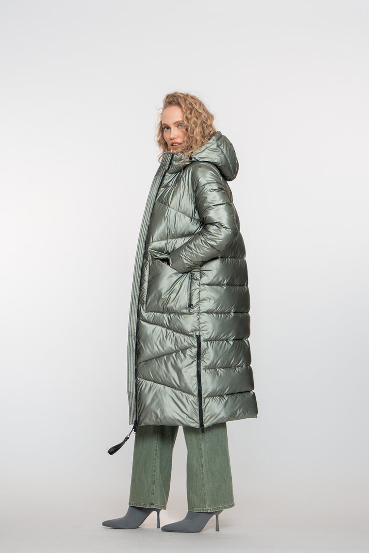 Geisha dames lange metallic pufferjas