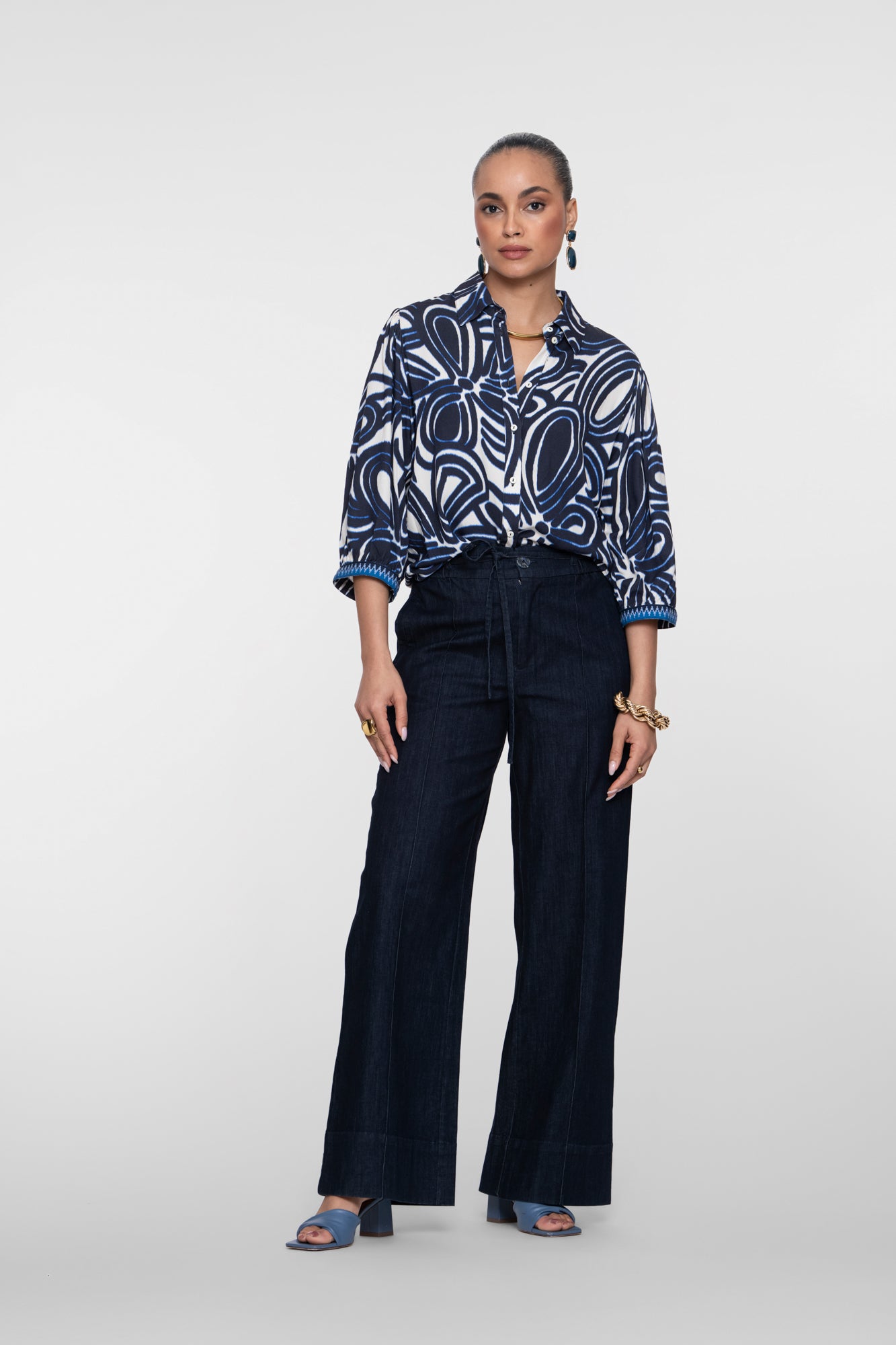 Geisha donkerblauwe wide leg jeans met strikdetail