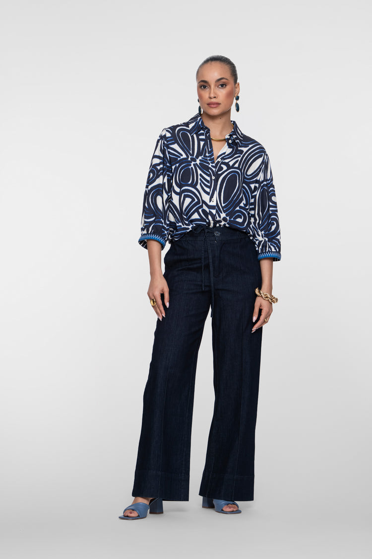 Geisha donkerblauwe wide leg jeans met strikdetail