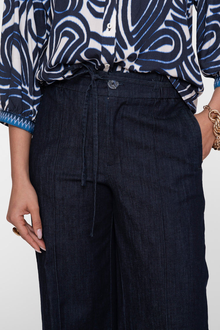 Geisha donkerblauwe wide leg jeans met strikdetail