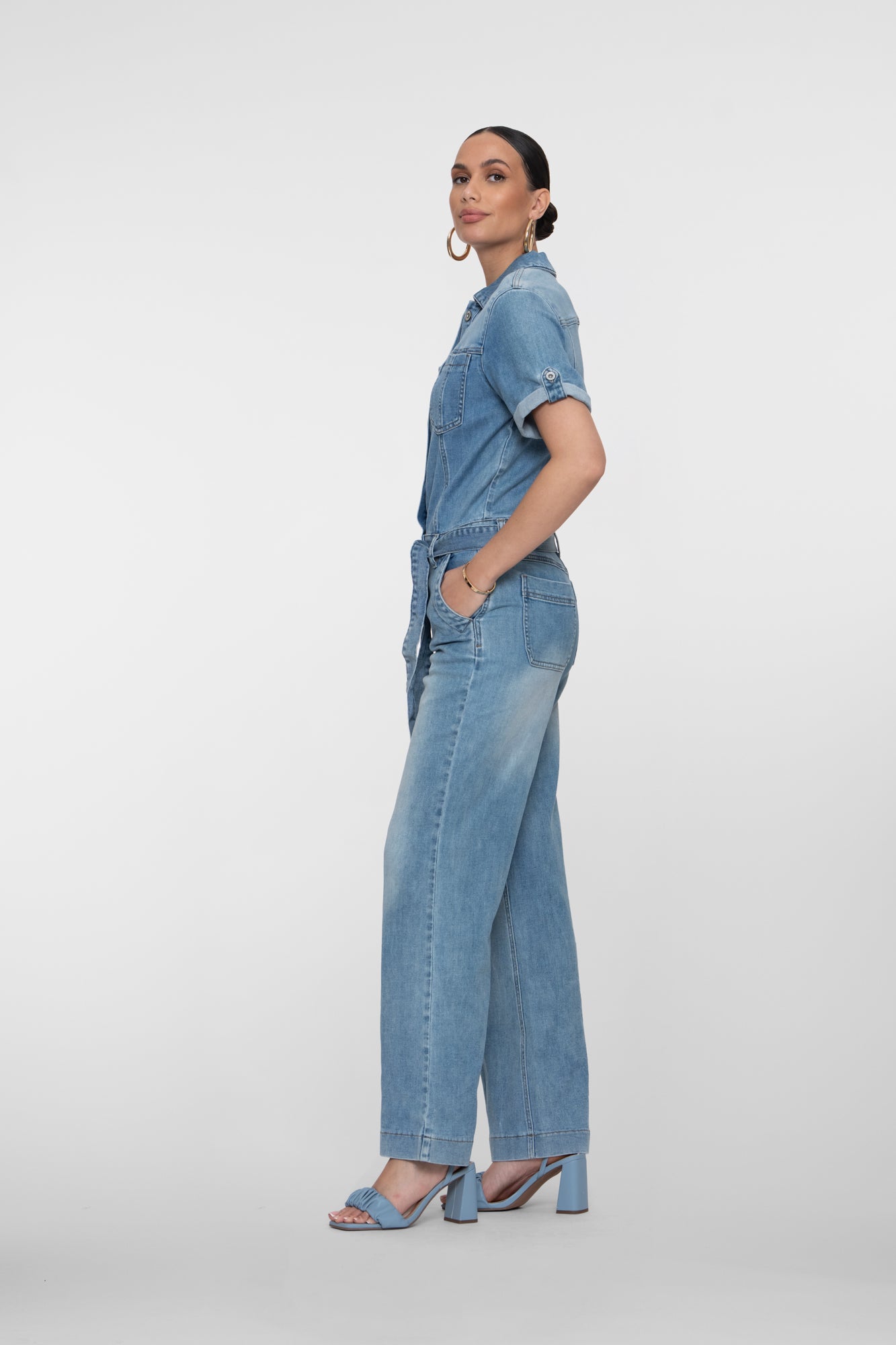Geisha denim jumpsuit met strikdetail