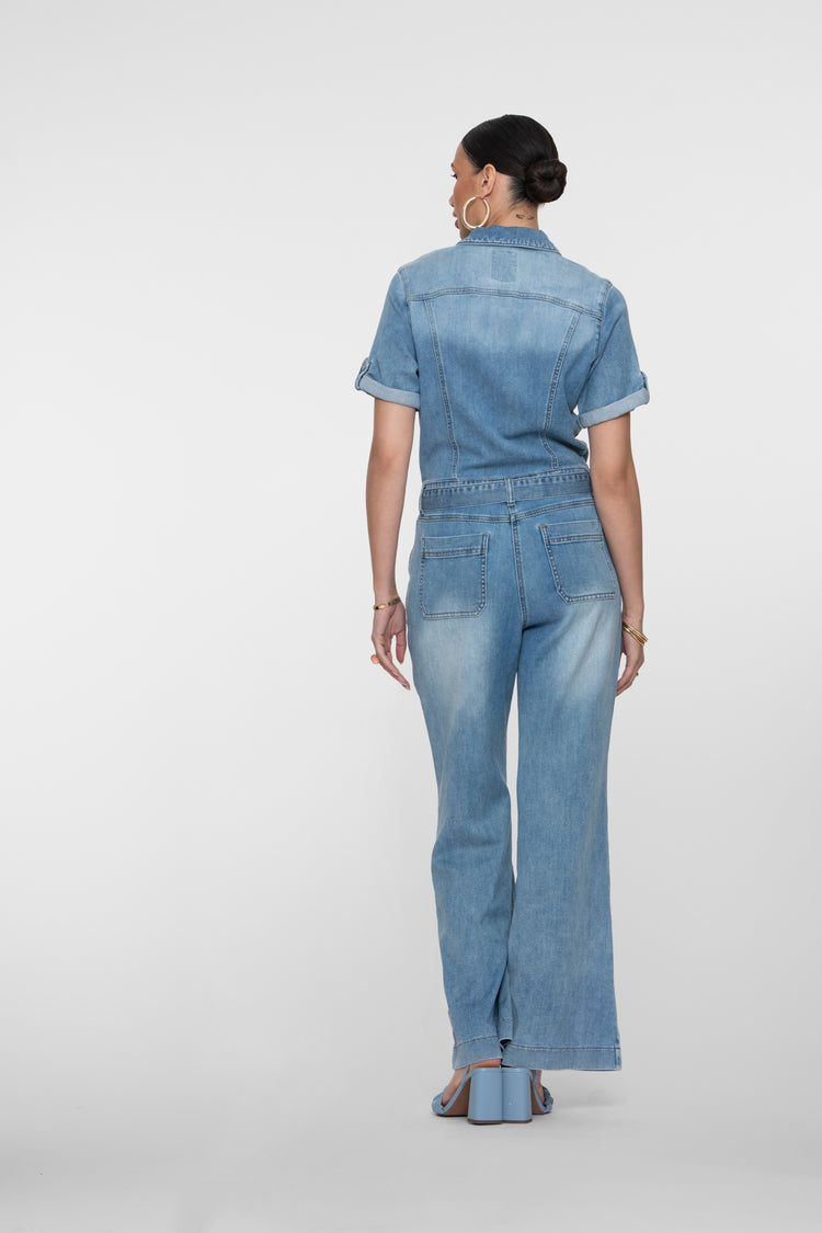 Geisha denim jumpsuit met strikdetail