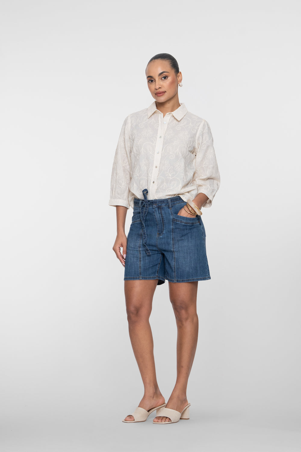 Geisha denim short met strikceintuur