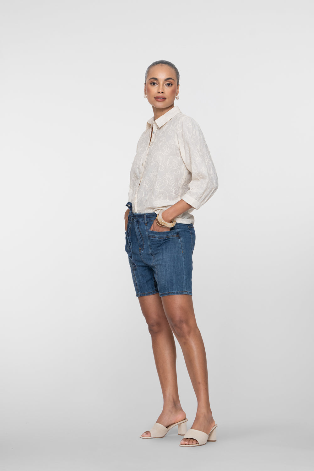 Geisha denim short met strikceintuur