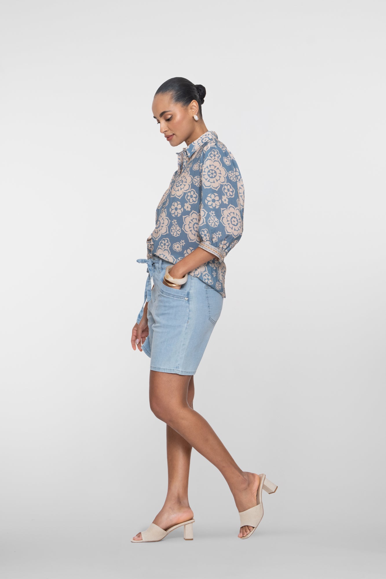 Geisha denim short met strikceintuur