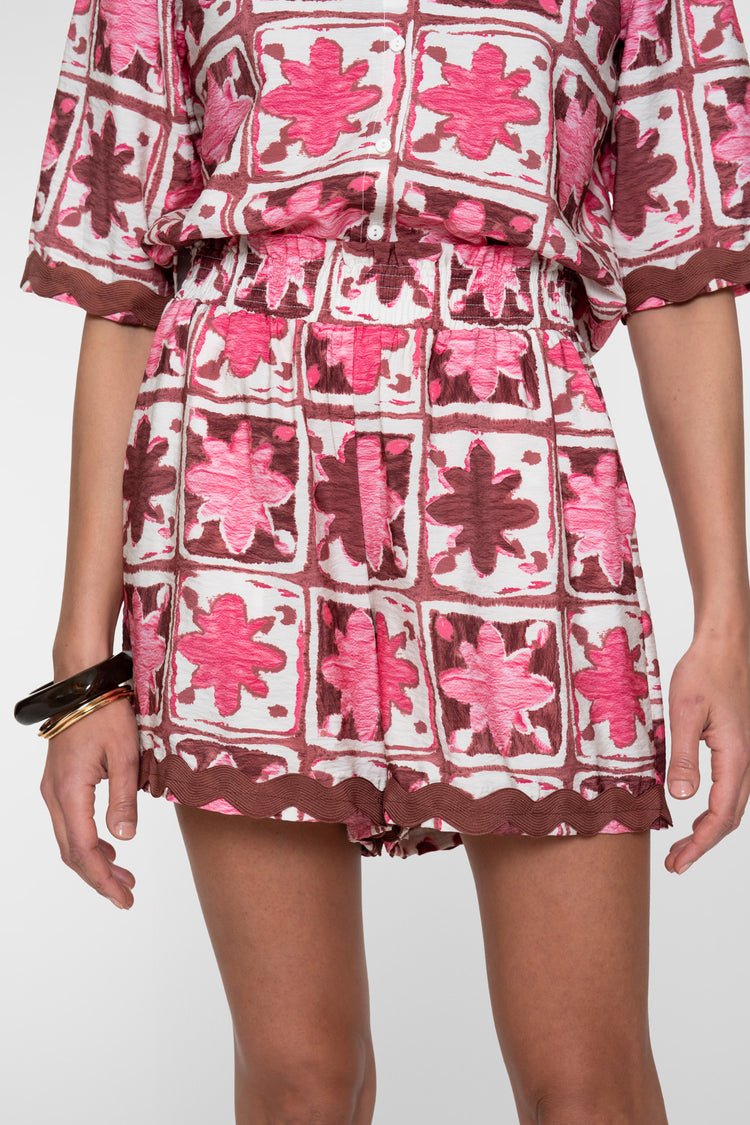Geisha short met tile print en elastische tailleband