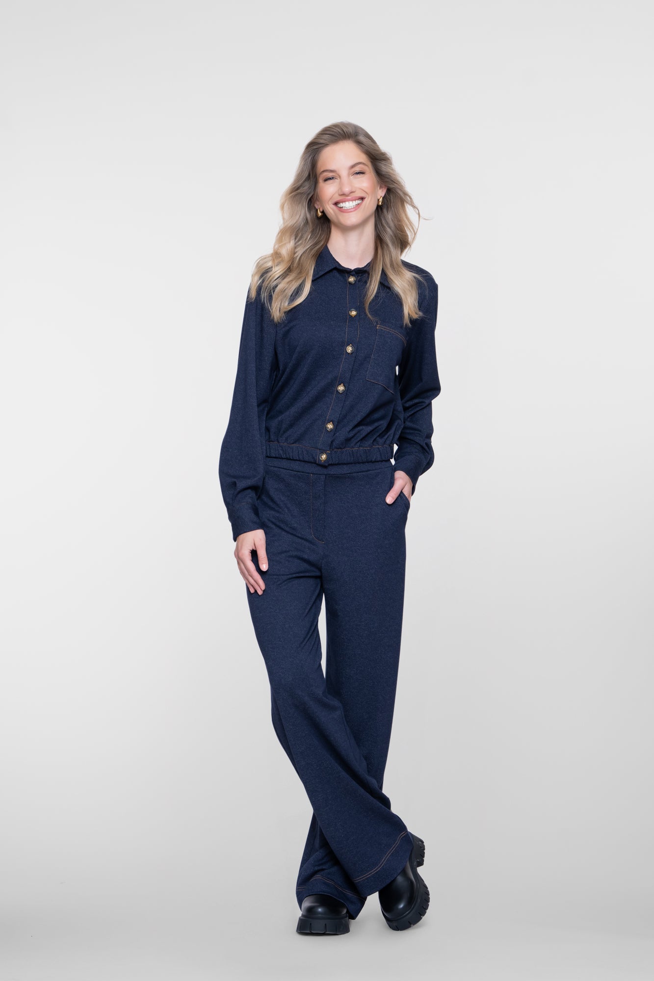 Geisha pantalon met elastische taille en denimlook