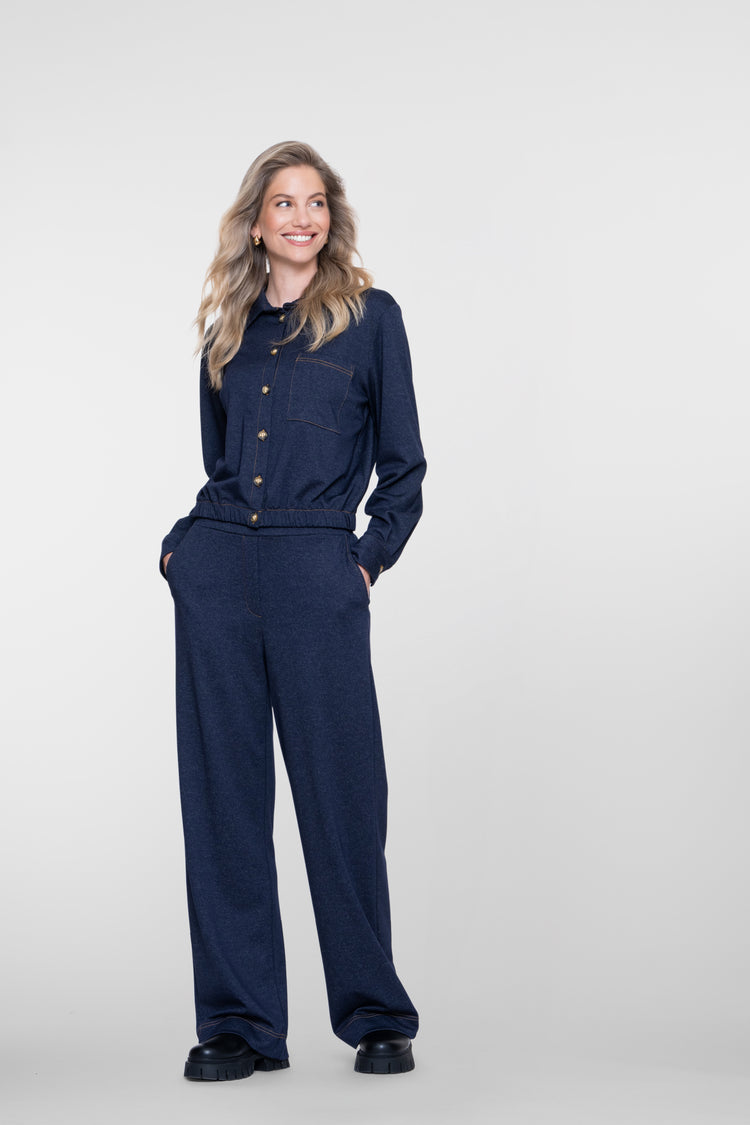 Geisha pantalon met elastische taille en denimlook